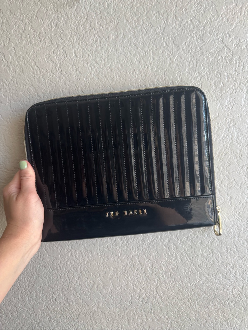 Ted Baker Black Patent Quilted Zip Pouch Clutch/Tablet Case